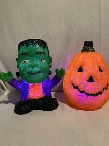 PAIR Halloween Light-Up Figures Frankenstein  Pumpkin Melted Rubber Plastic