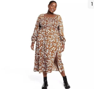 Womens LA LIGNE long sleeved smocked maxi dress brown size 1X/Retail $45 - Picture 1 of 8