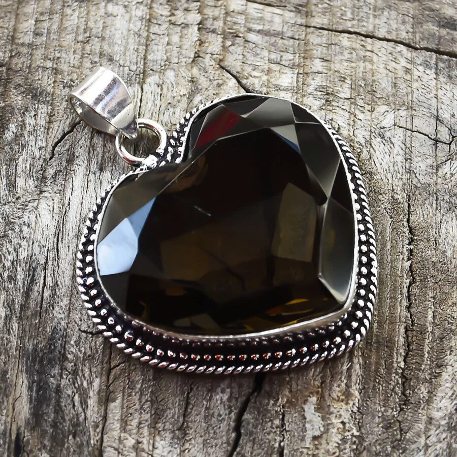 Atractivo colgante hecho a mano de plata de ley 925 con piedras preciosas de topacio ahumado de 2" Foto 1 de 1