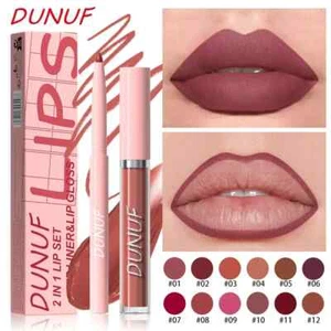 New 2 IN 1 Lip Liner Lip Gloss Set Women Matte Nude Lipliner Lipgloss Pen Pencil - Picture 1 of 22