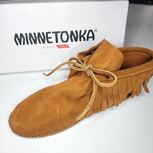 Minnetonka Brown Suede Leather Fringe Softsole Moccasin Boots Womens 8.5 NIB - Picture 1 of 9