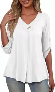 FOLUNSI Women's Plus Size 3/4 Roll Sleeve Blouse V Neck Tunic Top White - 3X - Picture 1 of 6