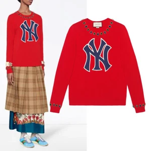 GUCCI SWEATER NY YANKEES PATCH RED WOOL TOP JEWEL DETAIL $2,500 sz M / Medium - Picture 1 of 17