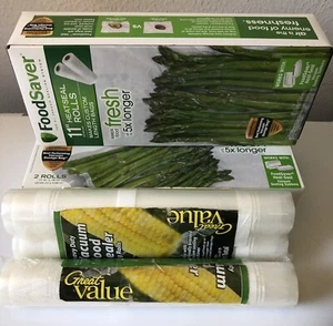 2 Boxes Food Saver 11”x16’/3 Rolls Great Value 11”x8’ Vacuum Sealer System Bags - Picture 1 of 4