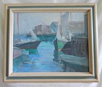 Vintage Original Painting Harbour Scene Modernist George William Dinckel Marine
