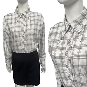 Vintage 70er Bluse Hemd Dolchkragen 12-14 spitz Mod echt creme braun kariert - Bild 1 von 6