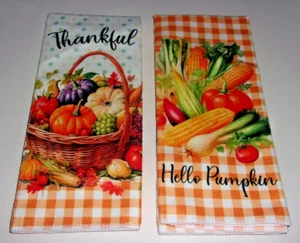 Autumn Kitchen Towels Set Of 2 Hello Pumpkin And Thankful - Picture 1 of 2