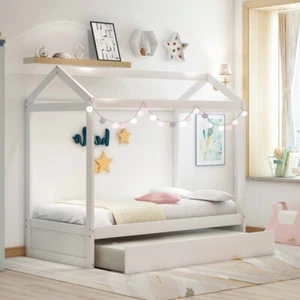 Twin Size House Bed Wood Frame with Trundle & Roof for Kids Bedroom Furniture US - Picture 1 of 12