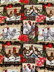 David Textiles 1 Yard 100% Cotton Fabric Cut - Rooster & Floral Collage, 36"x44" - Picture 1 of 3