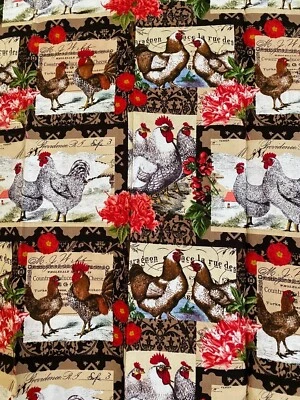 David Textiles 1 码 100% 棉织物剪裁 - 公鸡和花卉拼贴,36 英寸 x 44 — 第 1/3 张图片