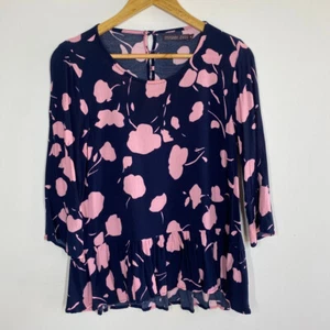 MR ZIMI womens peplum top size 8 viscose navy blue pink floral ruffle party cute - Picture 1 of 20