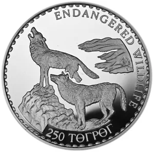 MONGOLEI 250 Tugrik 1993 Silber 31,47g. Nachweis 'Gefährdete Wildtiere - Wölfe' - Bild 1 von 2