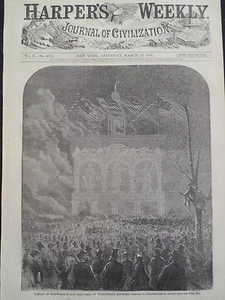 Washington's Birthday Fire Works New York 1866 Antique Print Harper’s Weekly - Picture 1 of 2