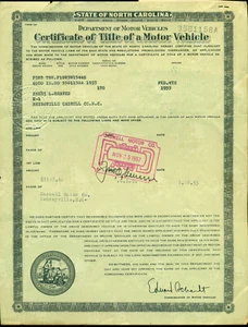 1955 NC Title Of Motor Vehicle For a 1955 FORD TRUCK HENRY L GRAVES - Picture 1 of 2