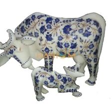 10" Marble Cow And Calf Statue Lapis Lazuli Stone Inlay Religious Love Gift E451