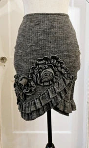 ROSE Brand Grey Ruffled Trim, Flower Appliqués Wool Skirt, size 40 (IT), 4 (US) - Picture 1 of 20