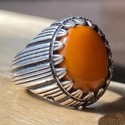 Anillo de plata 925 para hombre piedra ámbar báltico natural خاتم كهرب الكهرمان البولوني Foto 1 de 4