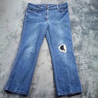 Jeans Escada para mujer 44 azul acampanado denim estampado de vaca parche reparación dobladillo crudo único Foto 1 de 4