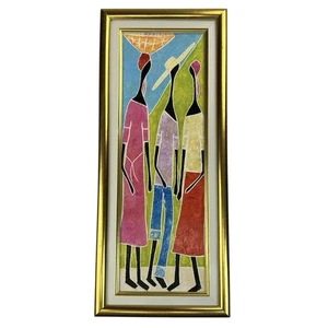 Hilome Jose Original Gemälde Haitianisch 11,5 "x 27,5" gerahmt zwei Frauen und ein Mann - Bild 1 von 18