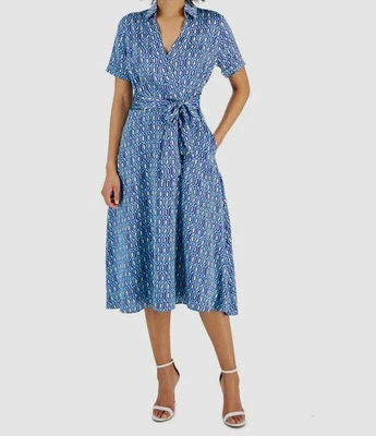Tahari ASL Women's Blue Printed V-Neck Short Sleeve Belted Shirt Dress Size 6 - Image 1 of 3