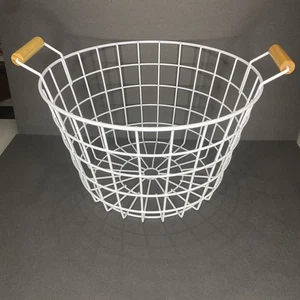 Round White Wire Home Decor Canvas Wood Handle Basket With Bag - Picture 1 of 10