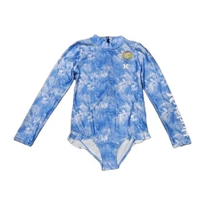 Hurley Youth Girl Blue Long Sleeve Rash Guard UPF 50 One Piece Ruffle Swimsuit L - Picture 1 of 7