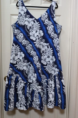 Royal Creations Hawaiian Dress 2XL Blue White Floral Aloha Sleeveless Ruffle Hem - Image 1 of 4
