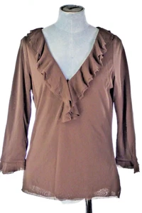Oscar De La Renta Blouse Mesh Net Ruffle Trim Top V Neck 3/4 Sleeve Size L Brown - Picture 1 of 14