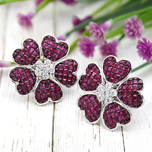 Flower lab created Ruby Invisible Set Statement Earrings S925 Sterling Silver - Picture 1 of 8