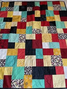 Handmade Crafted Crib Quilt Blanket Size 58x49” Black Yellow Red Floral Boho