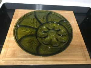 Relish Egg Deviled Teller Kieselblatt GRÜN von Indiana Glas TOP ZUSTAND - Bild 1 von 1