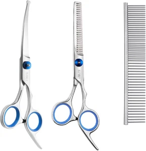 Dog Grooming Scissors Set with Safety round Tip (2 Pack - Curved Scissors Thinni - Picture 1 of 12