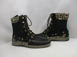 Sperry Hikerfish Black Leather Leopard Lace High Ankle Boots 9.5 M Sty 9531393 - Picture 1 of 8
