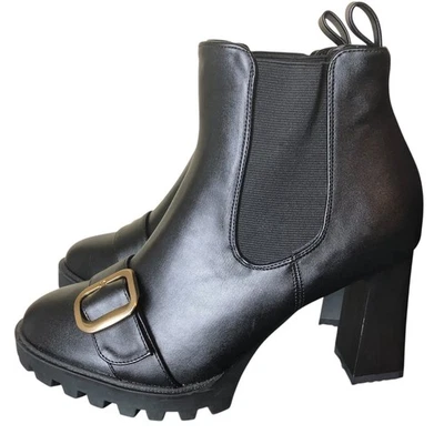 Womens Black Leather Gold Buckle High Heel Chelsea Lug Sole Ankle Boots NEW 10 - Image 1 of 4