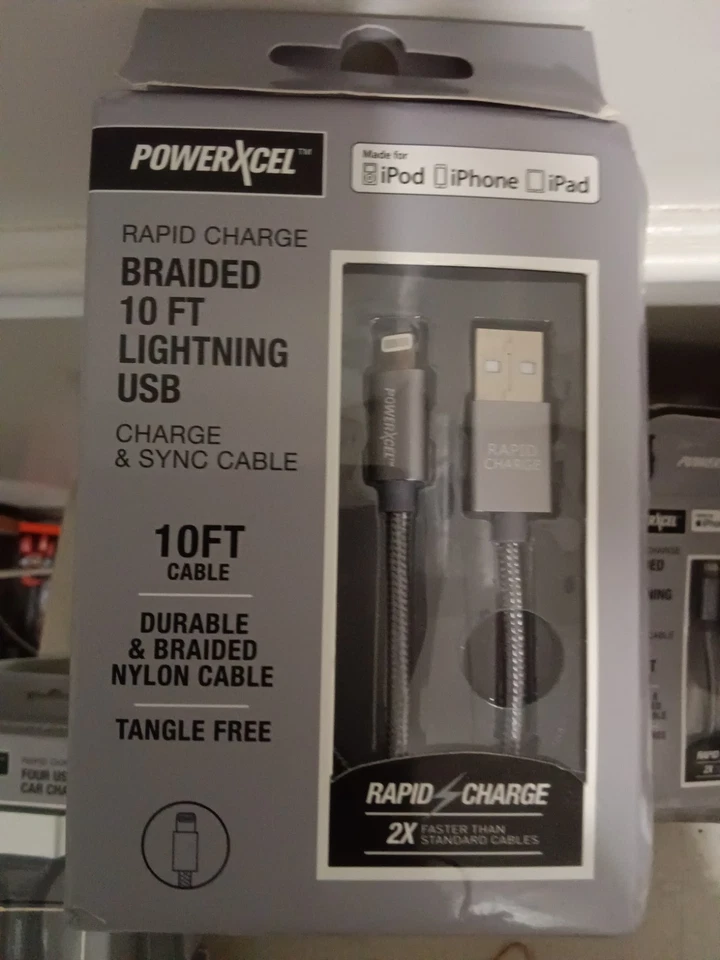 2x PowerXcel Negro Cable de Sincronización de Carga Rápida Trenzado RÁPIDO 10 pies Cable de Carga USB d Foto 1 de 1