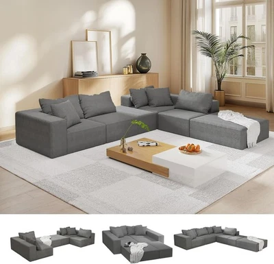 Sofá seccional modular de 132"" sofá de chenilla de asiento profundo con 6 almohadas Foto 1 de 4