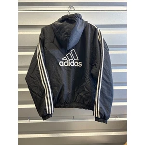 Vintage 1990's Adidas Hooded Jacket Medium M Black/White Striped Jacket VTG - Picture 1 of 7