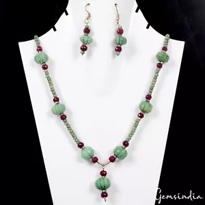 315 Ct Natural Green Emerald Red Ruby Beads Gems Handmade Jewelry Set For Women - Picture 1 of 6