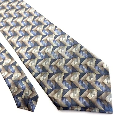 Corbata corta ancha de seda Bill Blass azul tostado beige estampado abstracto geométrico Foto 1 de 4