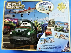 Disney 5 Wood Puzzles Cars Planes Movie Characters Cardinal In Storage Box New - Picture 1 of 8