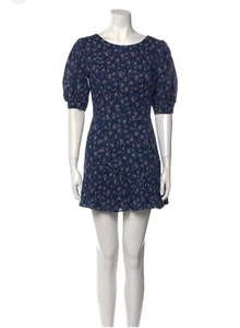 Love Shack Fancy Womens Cotton Round Neck Floral Mini Puff Sleeve Dress Blue S - Picture 1 of 10