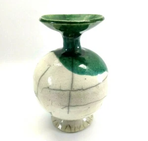 Handgefertigte Raku kleine Hals Keramik Vase signiert grün weiß Crackle grob LESEN!!! - Bild 1 von 12