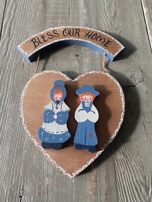 Vtg Handmade Primitive Wood Wall Hanging Bless Our Home Amish Cottagecore Decor - Image 1 of 4