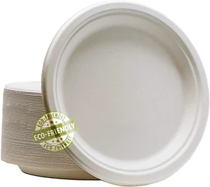 , 100% Compostable Paper Plates Natural Bagasse, Sugarcane Fiber, Breakfast Lunc - Picture 1 of 7