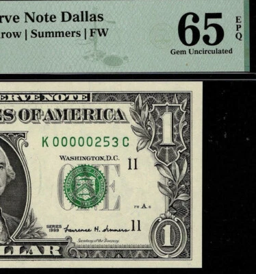 1999 $1 Federal Reserve Note Low 3 digit Serial Number Dallas K00000253C PMG 65 - Image 1 of 4