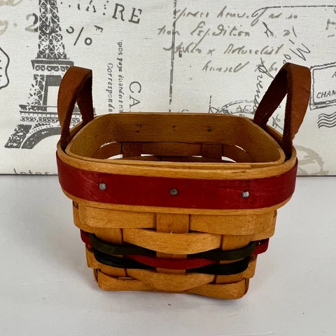 Longaberger 1997 Small Square Basket with Leather Handles 4 x 4 x 3 in Tall Cover