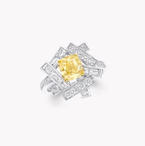 Frames a Striking Radiant Cut Yellow Citrine With Vivid White CZ Geometric Ring - Picture 1 of 3