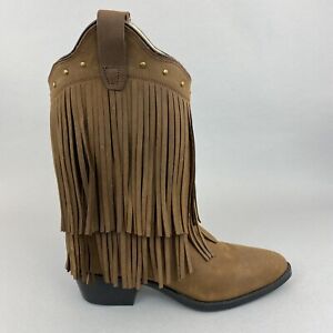 Retro Old West Brown Leather Tassle Fringe Cowboy Western Boho Boots 060 US6 UK4