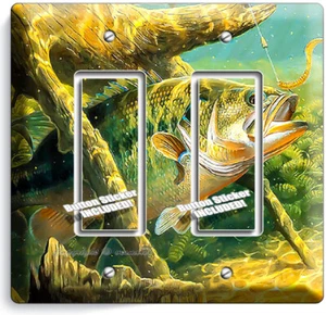 LARGEMOUTH BASS LURE LAKE FISHING LIGHT SWITCH 2 GFCI PLATE LOG CABIN ROOM DECOR - Bild 1 von 1