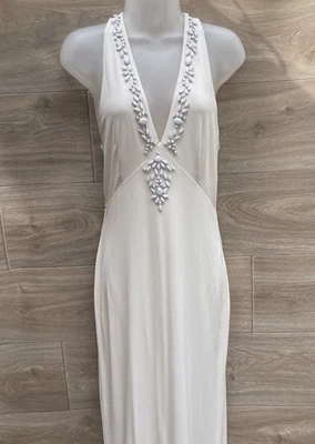 Victorias Secret Maxi Dress Gown Beaded Sz XS Classy Ivory V Neck Back Slit - Image 1 of 4